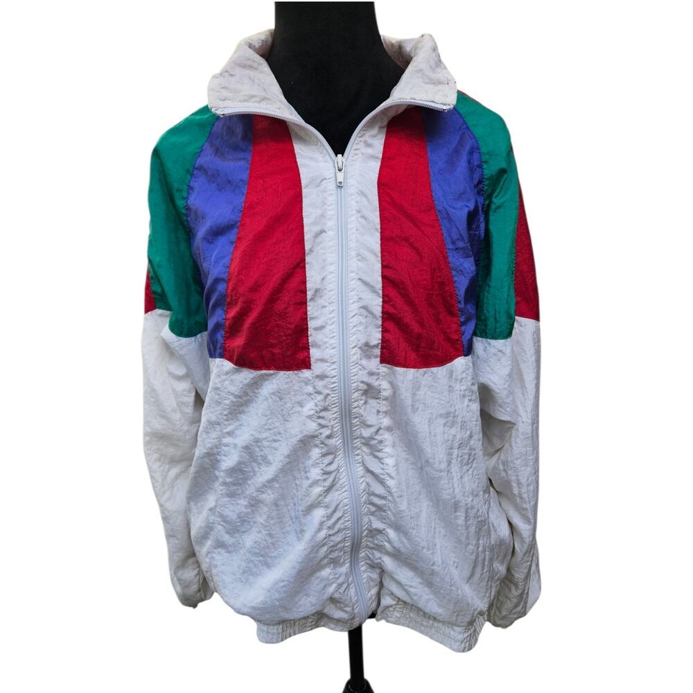 Vintage  80s 90s Sunterra Windbreaker Color Block Nylon Jacket White Size Medium